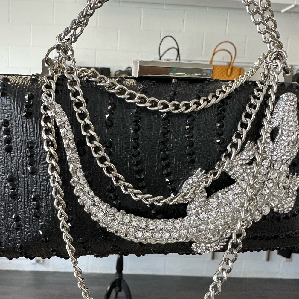Black and Silver Chain clutch with Crocodile Design